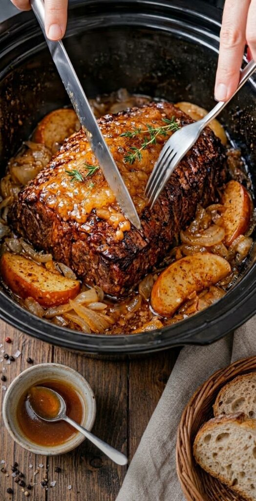 Slow Cooker Garlic Brown Sugar Pot Roast with Potatoes & Onions