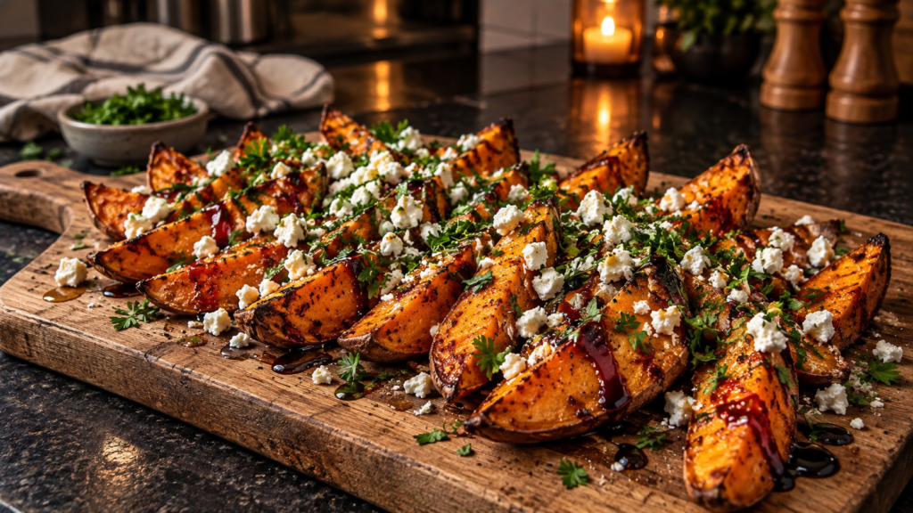 Honey Balsamic Sweet Potato Wedges with Feta
