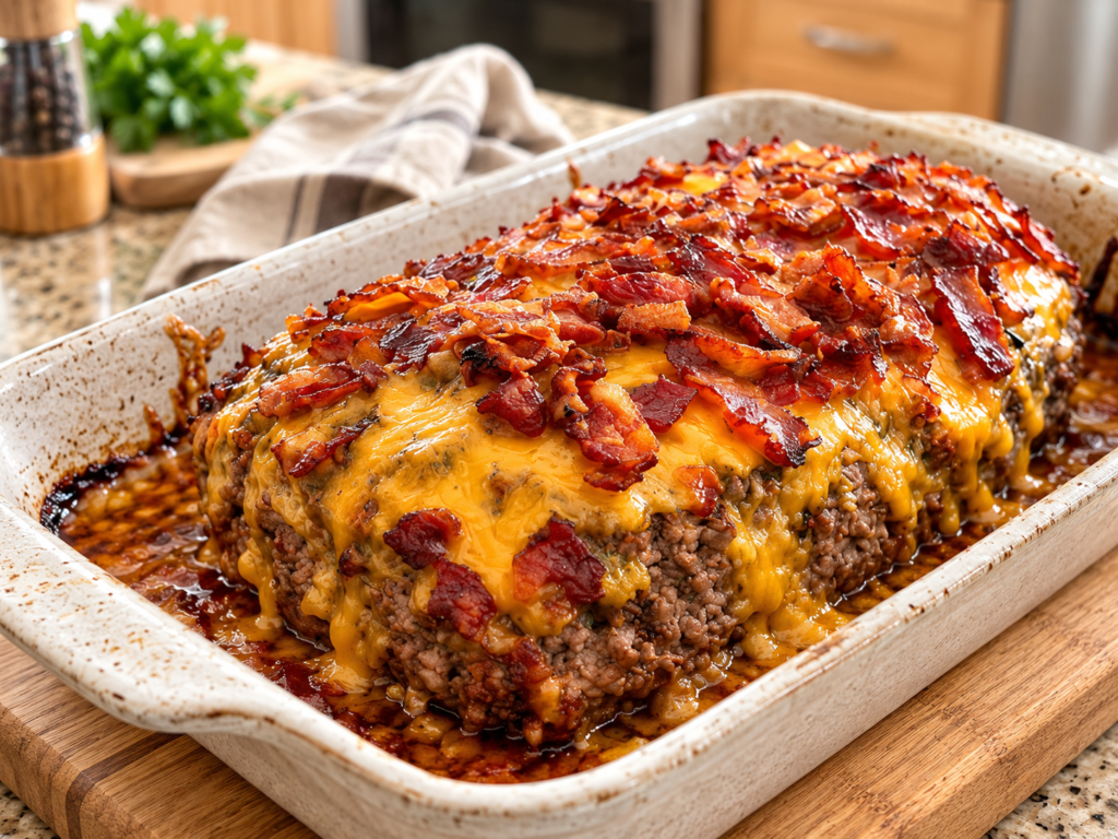 Bacon Cheeseburger Meatloaf Recipe with Cheddar