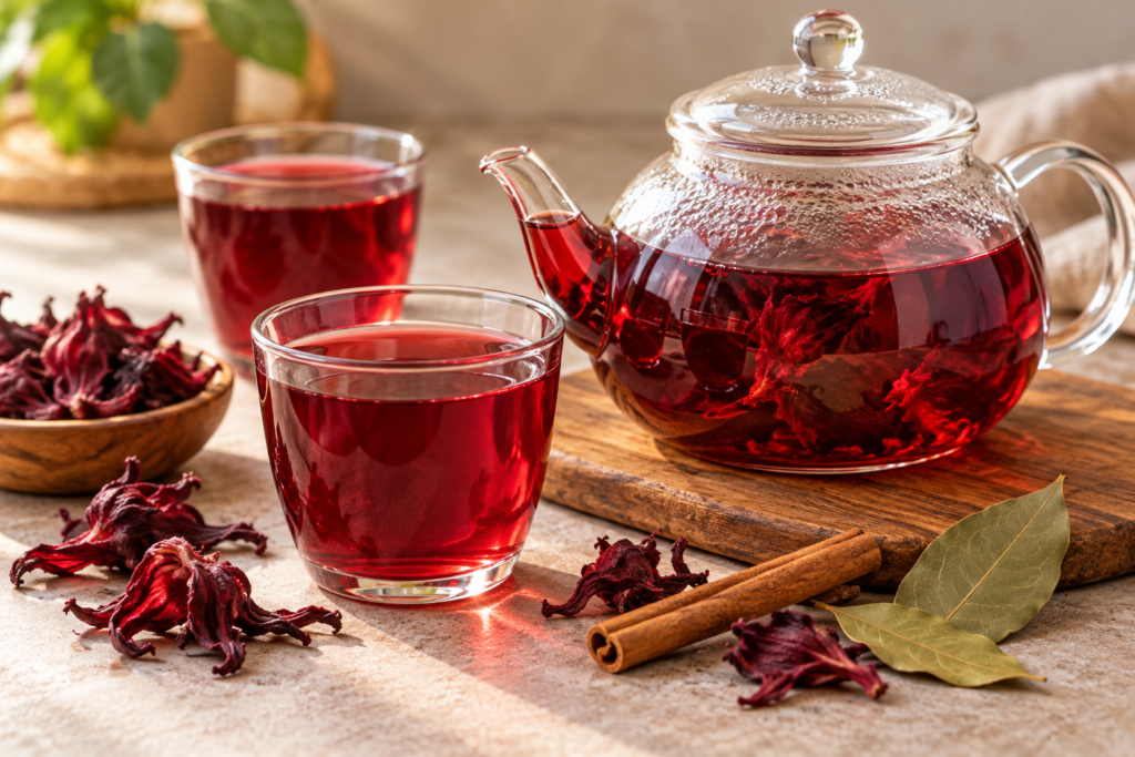 Hibiscus tea with cinnamon and bay leaf