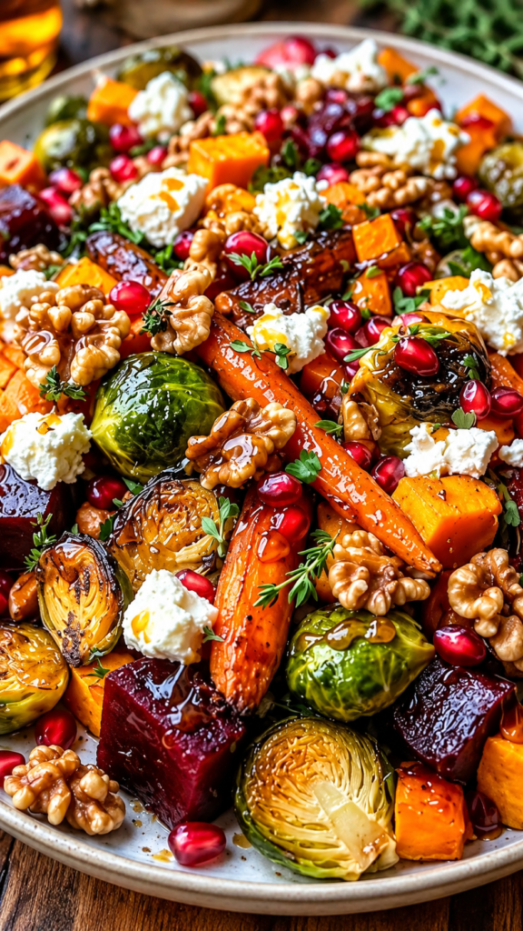 Roasted Autumn Vegetable Salad with Pomegranate, Goat Cheese & Walnuts