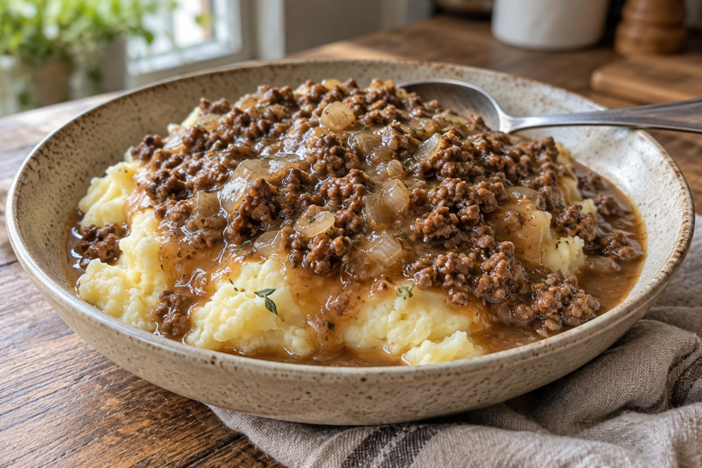 Ground Beef and Gravy over Mashed Potatoes