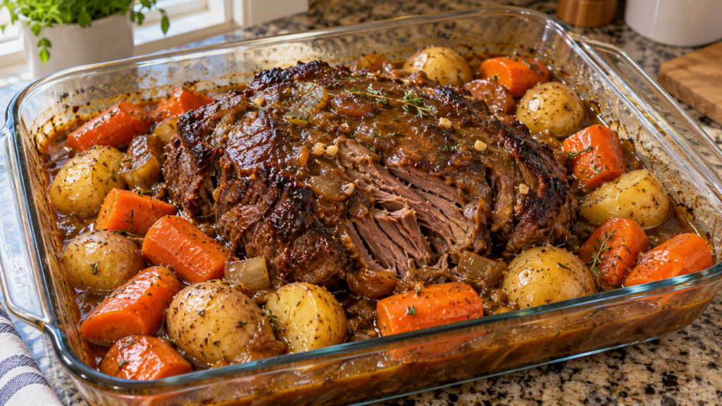 Garlic Gravy Beef Pot Roast with Potatoes and Carrots