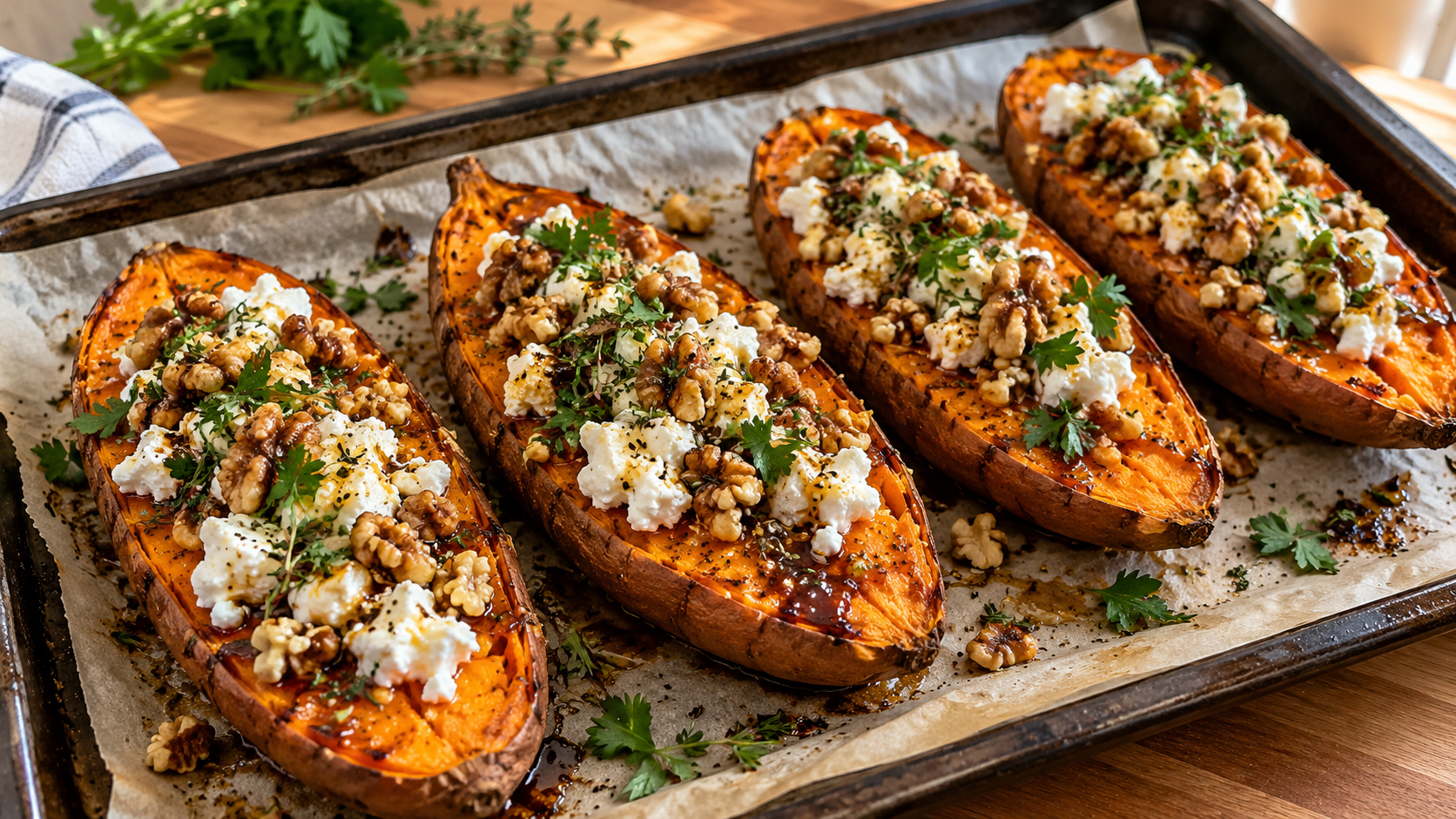 Honey Balsamic Roasted Sweet Potatoes with Feta