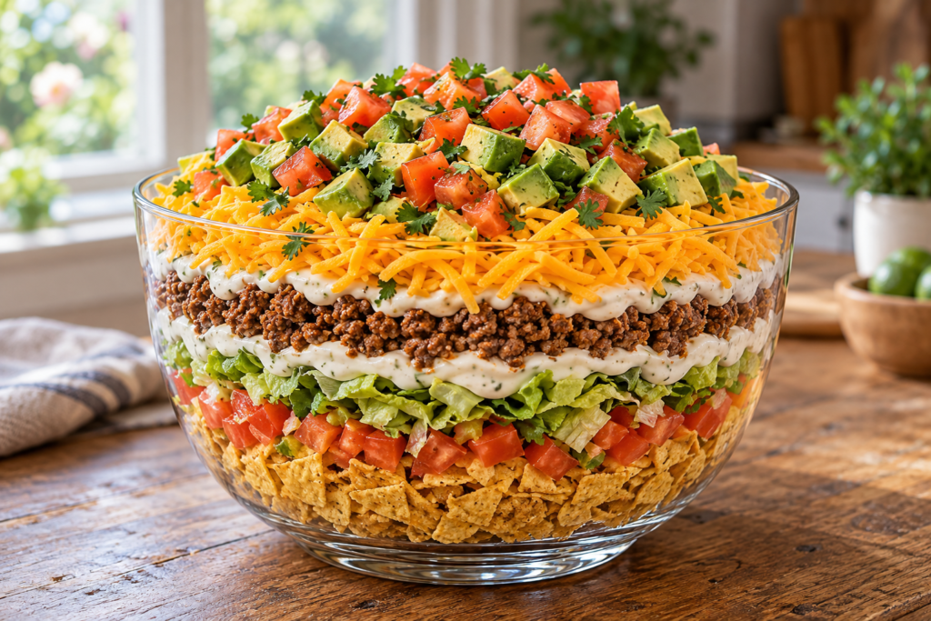 Easy Layered Taco Salad Bowl with Ground Beef