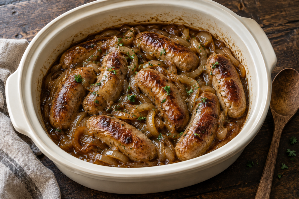 Slow Cooker Sausages with Onion Gravy