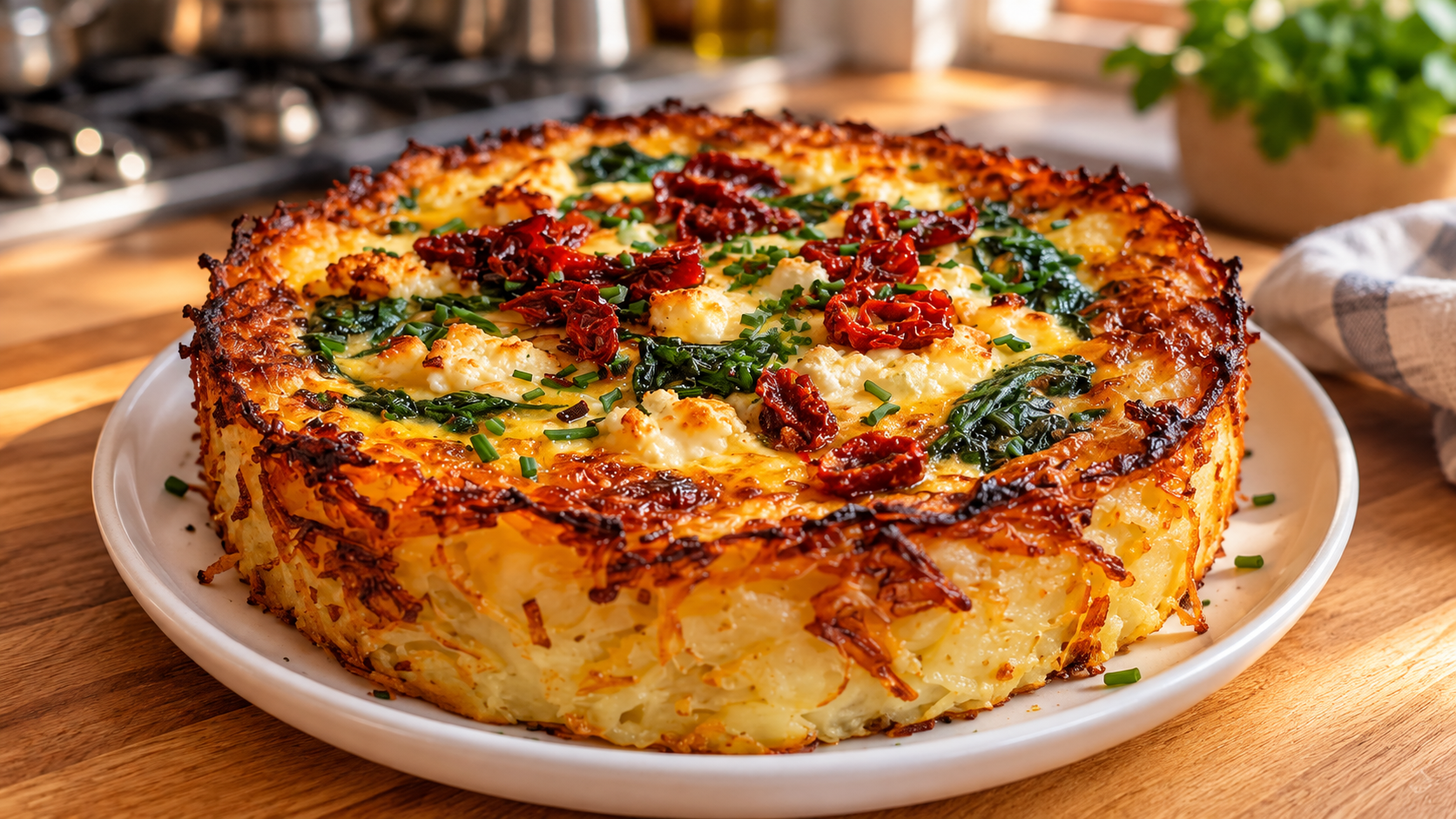 Crispy Potato Crust Quiche with Spinach & Goat Cheese