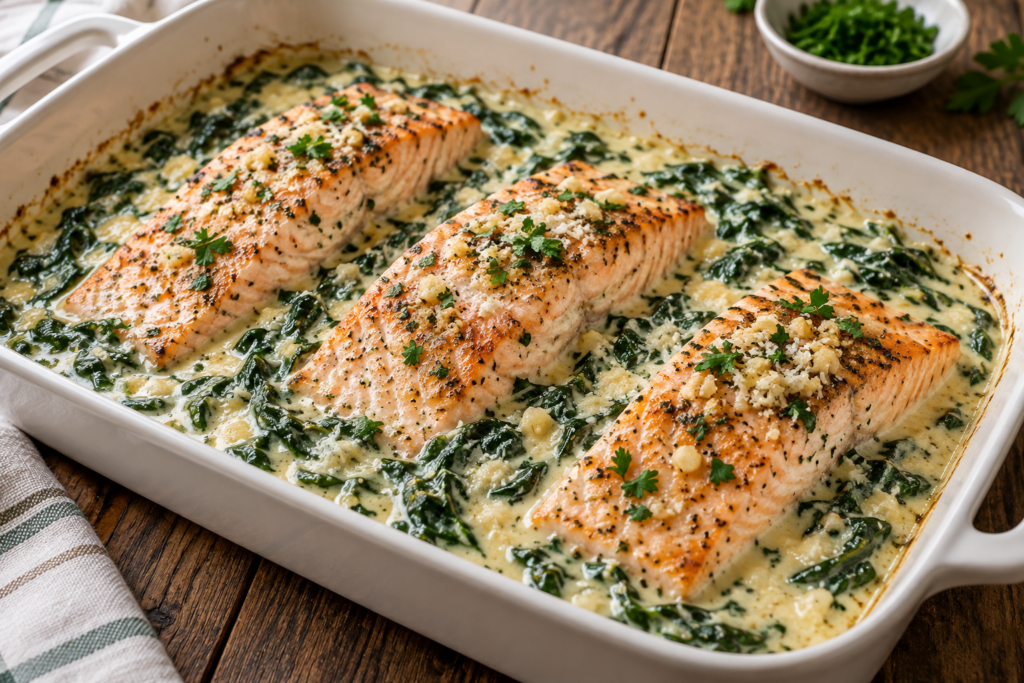 Garlic Butter Baked Salmon with Creamy Spinach & Parmesan Sauce