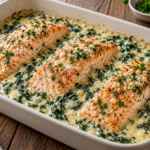 Garlic Butter Baked Salmon with Creamy Spinach & Parmesan Sauce