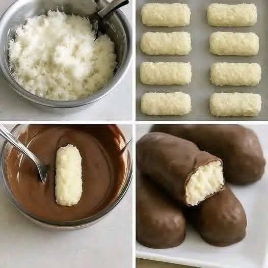 Four-step collage showing coconut filling, shaped coconut bars, chocolate dipping, and finished chocolate-covered coconut bars.