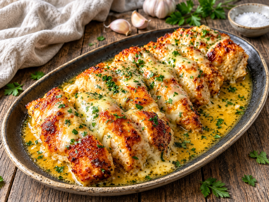 Garlic Butter Mozzarella Chicken with Creamy Parmesan Sauce