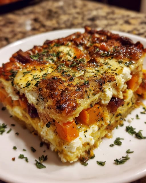 Roasted Sweet Potato, Caramelized Onion, and Feta Casserole