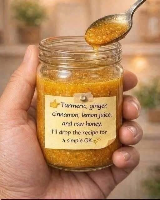 Golden turmeric, ginger, cinnamon, lemon and honey mixture in a glass jar with a spoon lifted above it.