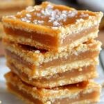 Stacked salted caramel shortbread bars with golden cookie layers, thick caramel filling, and flaky sea salt.