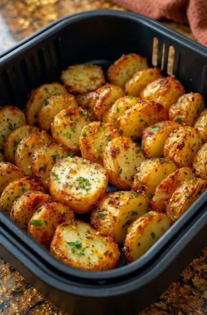 Golden garlic herb baby potato halves with browned edges and chopped parsley in a black air fryer basket.