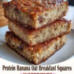 Banana oat breakfast squares stacked on a plate with visible rolled oats. Use this alt text only if it accurately describes your uploaded photo.