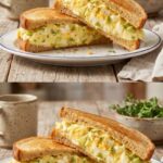 Toasted egg salad sandwich halves filled with chopped eggs, creamy dressing, and green herbs on a white plate.