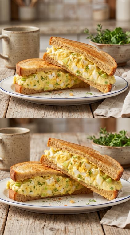 Toasted egg salad sandwich halves filled with chopped eggs, creamy dressing, and green herbs on a white plate.
