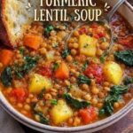 Hearty turmeric lentil soup with tender vegetables, leafy greens, and toasted bread for dipping.
