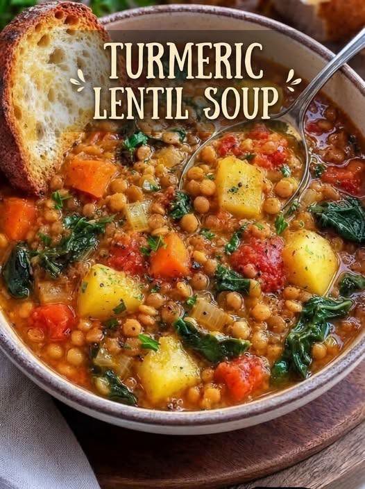 Hearty turmeric lentil soup with tender vegetables, leafy greens, and toasted bread for dipping.