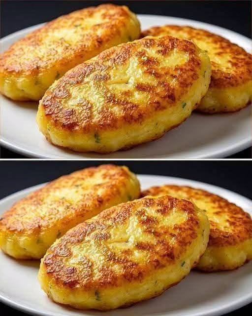 Three thick oval potato patties with golden-brown surfaces and green herb flecks on a white plate.