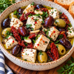Feta cubes with green and Kalamata olives, sun-dried tomatoes, sliced garlic, and herbs in olive oil in a speckled ceramic bowl.