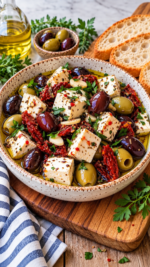 Feta cubes with green and Kalamata olives, sun-dried tomatoes, sliced garlic, and herbs in olive oil in a speckled ceramic bowl.