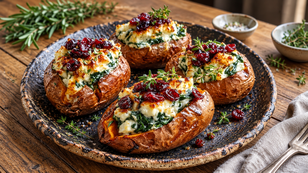 Spinach & Feta Stuffed Sweet Potatoes with Cranberries