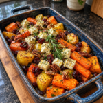 Roasted potatoes, sweet potatoes, and carrots topped with feta cubes, cranberries, pecans, and rosemary in a blue baking dish.