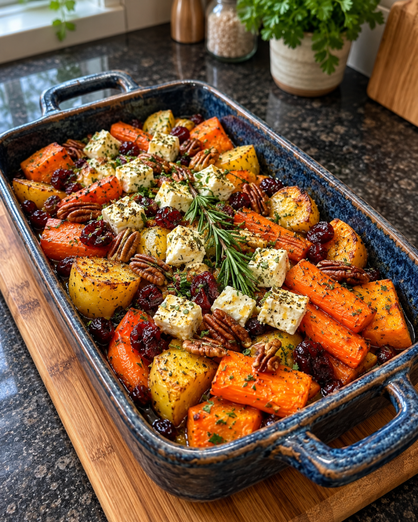 Roasted potatoes, sweet potatoes, and carrots topped with feta cubes, cranberries, pecans, and rosemary in a blue baking dish.