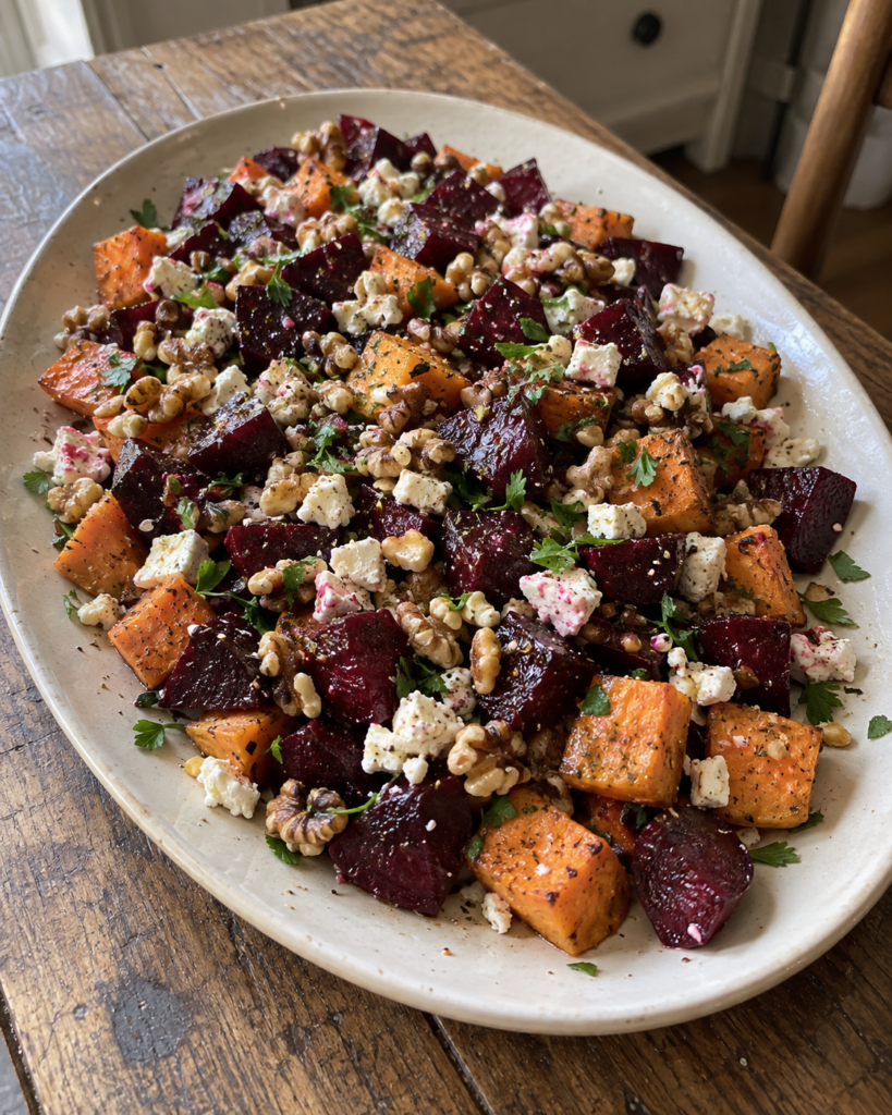 Roasted Beet & Sweet Potato Salad with Feta and Walnuts