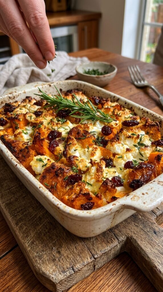 Roasted Sweet Potato Bake with Cranberries and Feta