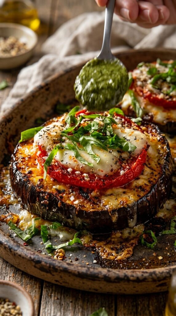 Roasted Eggplant Caprese Stacks with Mozzarella & Pesto