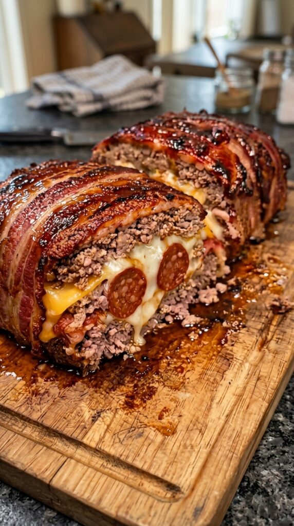 Bacon-Wrapped Pepperoni & Cheese Stuffed Meatloaf