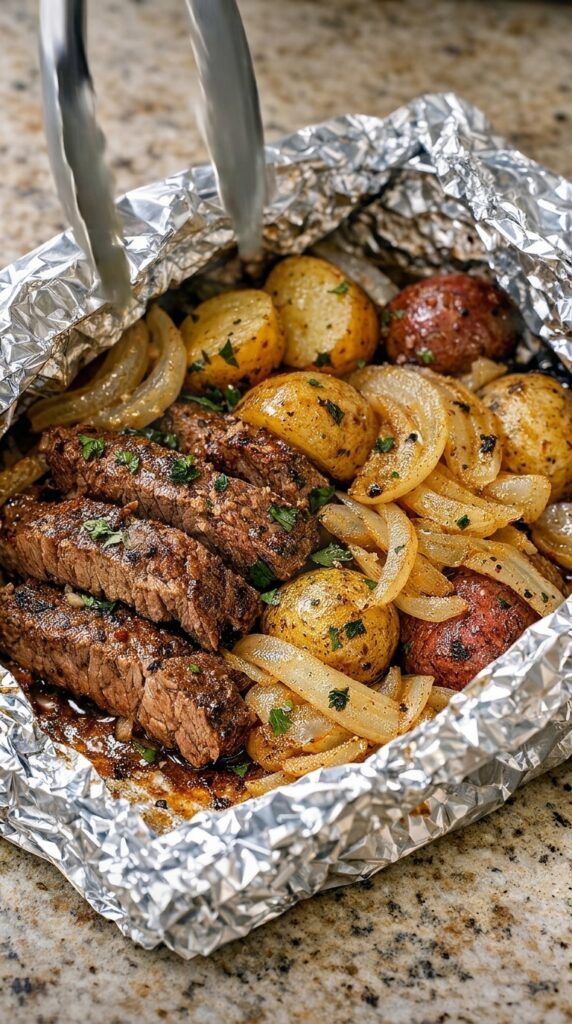 Garlic Butter Steak, Potato, and Sweet Onion Foil Packs