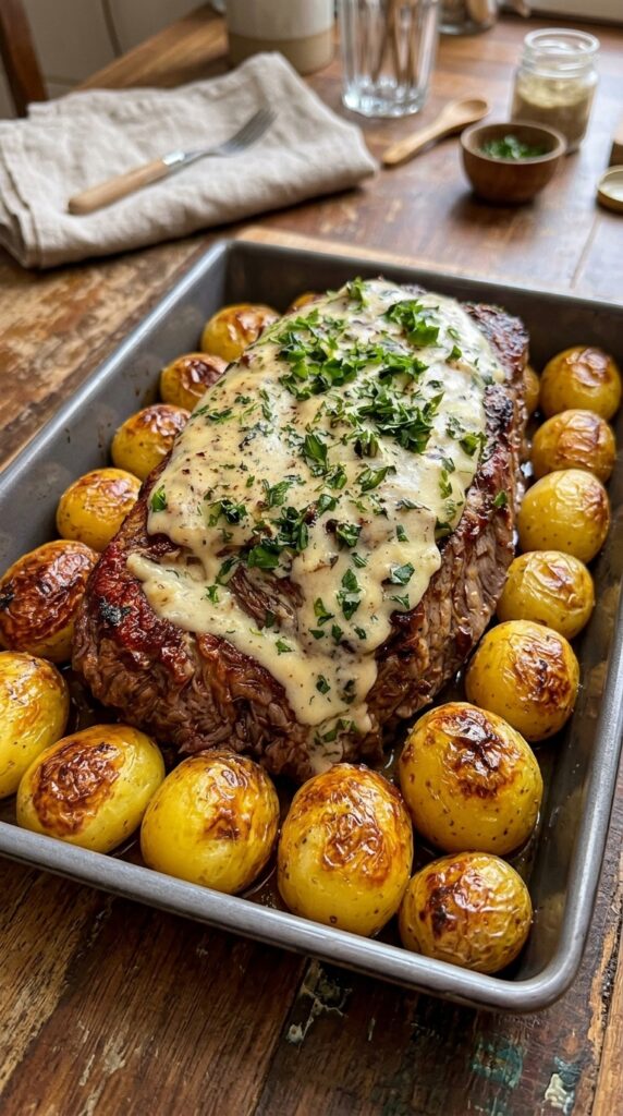 Creamy Garlic Parmesan Beef Roast with Golden Roasted Baby Potatoes