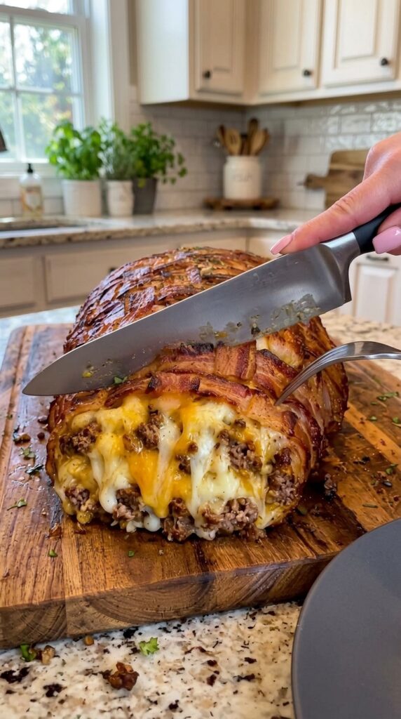 Bacon-Wrapped Cheesy Beef Stuffed Meatloaf Recipe – Juicy, Crispy & Loaded with Melted Cheese
