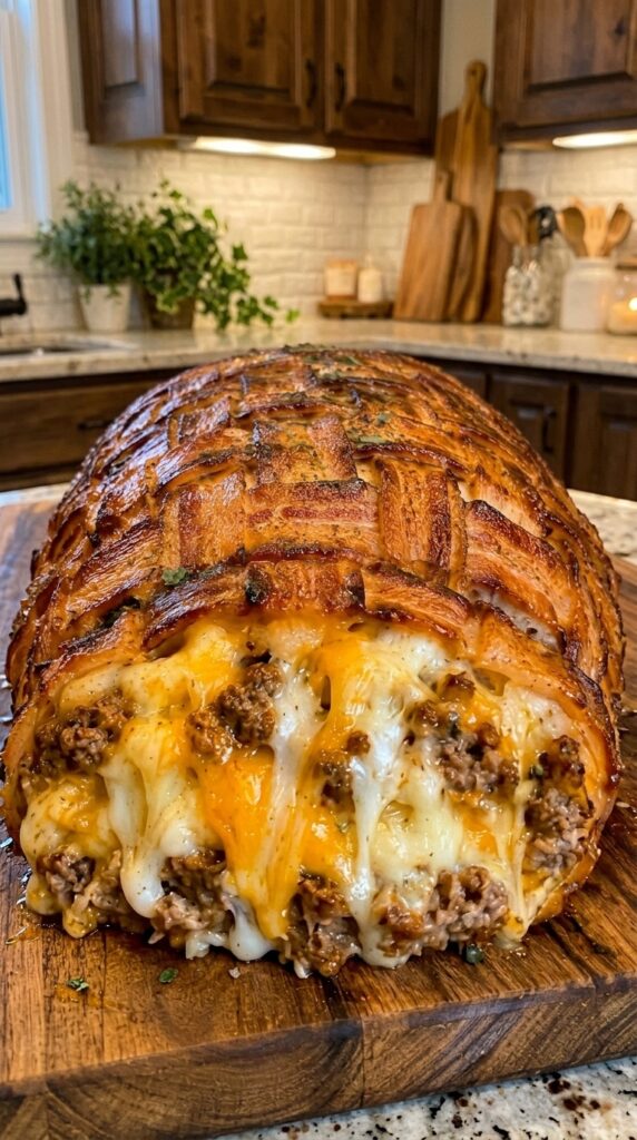 Cheesy Bacon-Wrapped Stuffed Meatloaf
