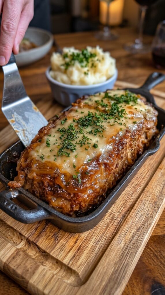 French Onion Meatloaf with Melted Gruyère Cheese