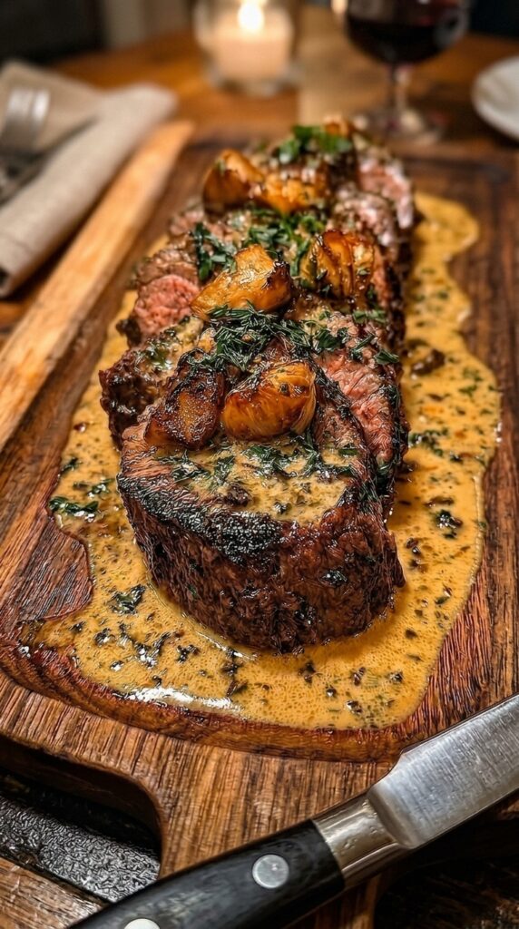 Garlic Butter Steak Medallions with Roasted Garlic Herb Cream Sauce