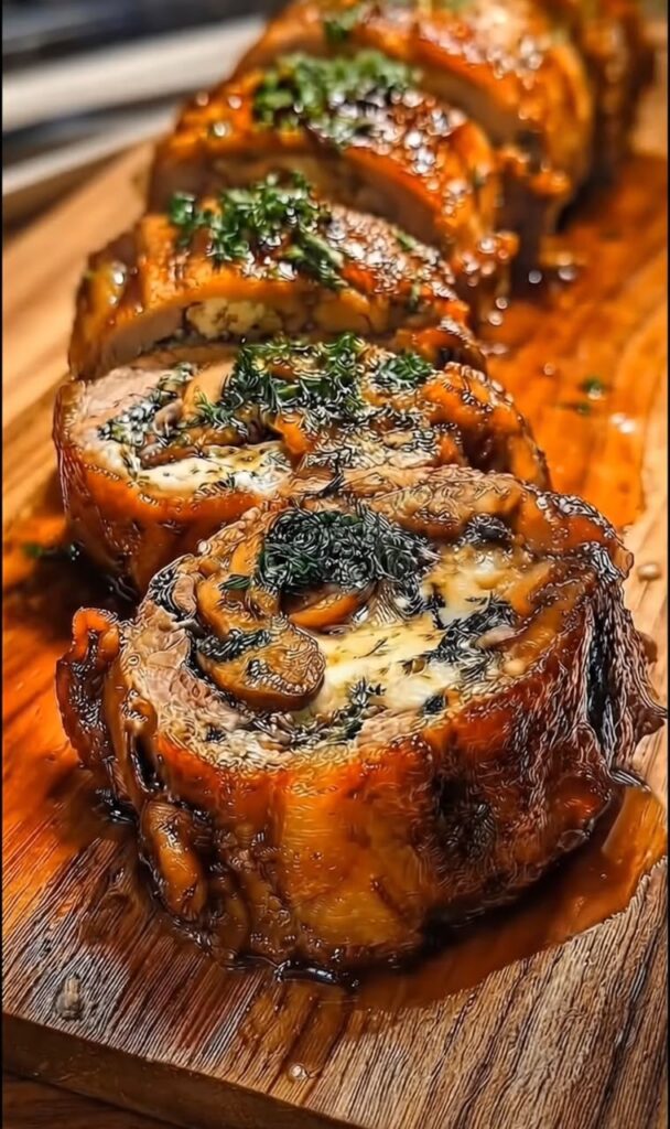 Garlic Mushroom & Cheese Stuffed Beef Roulade