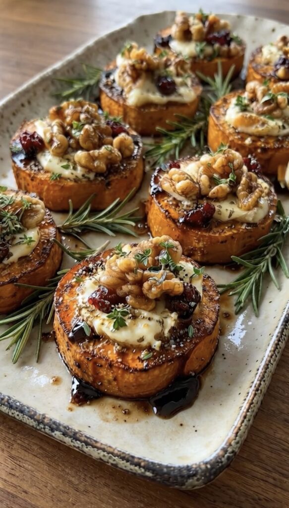 Roasted Sweet Potato Rounds with Brie, Walnuts & Cranberries