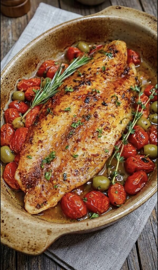 Mediterranean Garlic Butter Baked Fish with Cherry Tomatoes and Olives