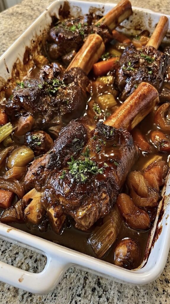 Slow Braised Beef Shanks with Rich Garlic Gravy and Roasted Vegetables