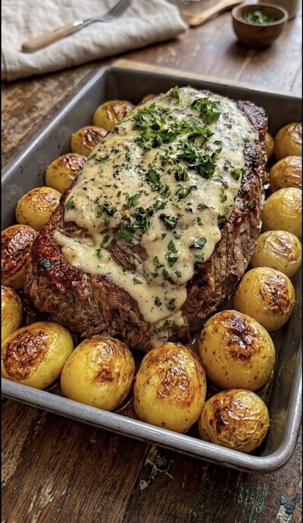 Garlic Herb Roast Beef with Creamy Parmesan Sauce and Roasted Potatoes