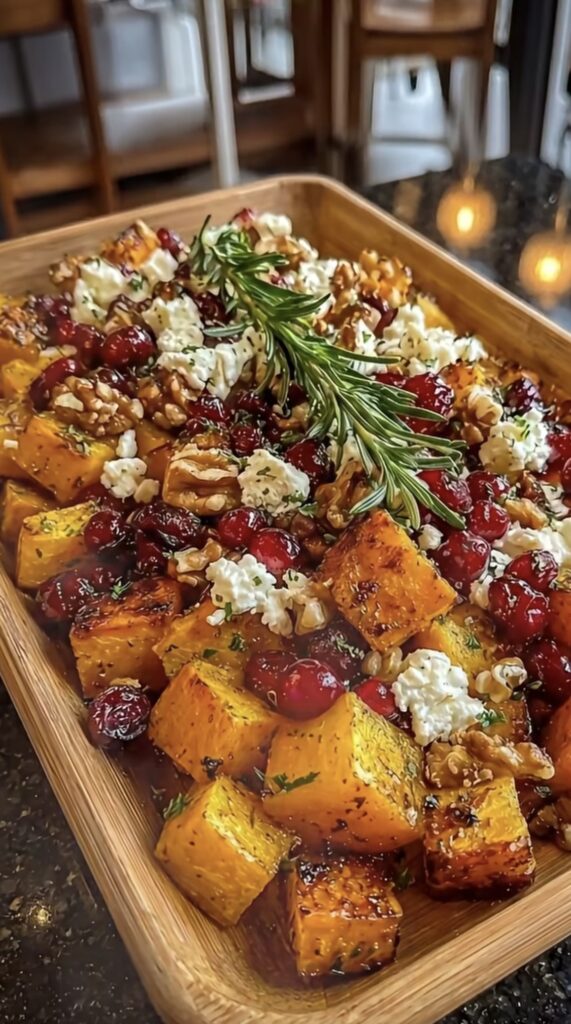 Roasted Butternut Squash with Cranberries, Feta, Walnuts & Rosemary
