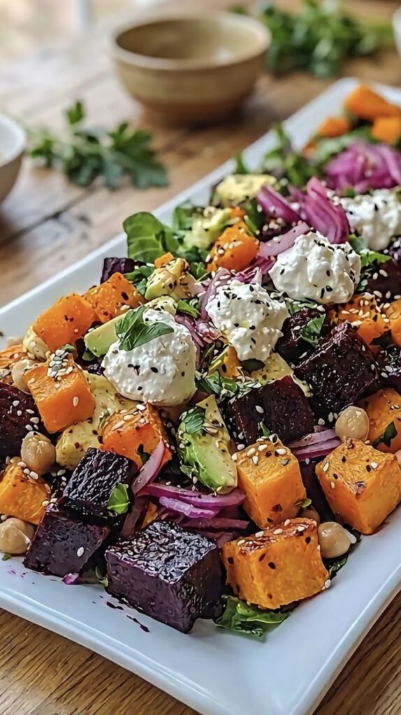Roasted Beet, Butternut Squash & Chickpea Salad with Herb Whipped Goat Cheese