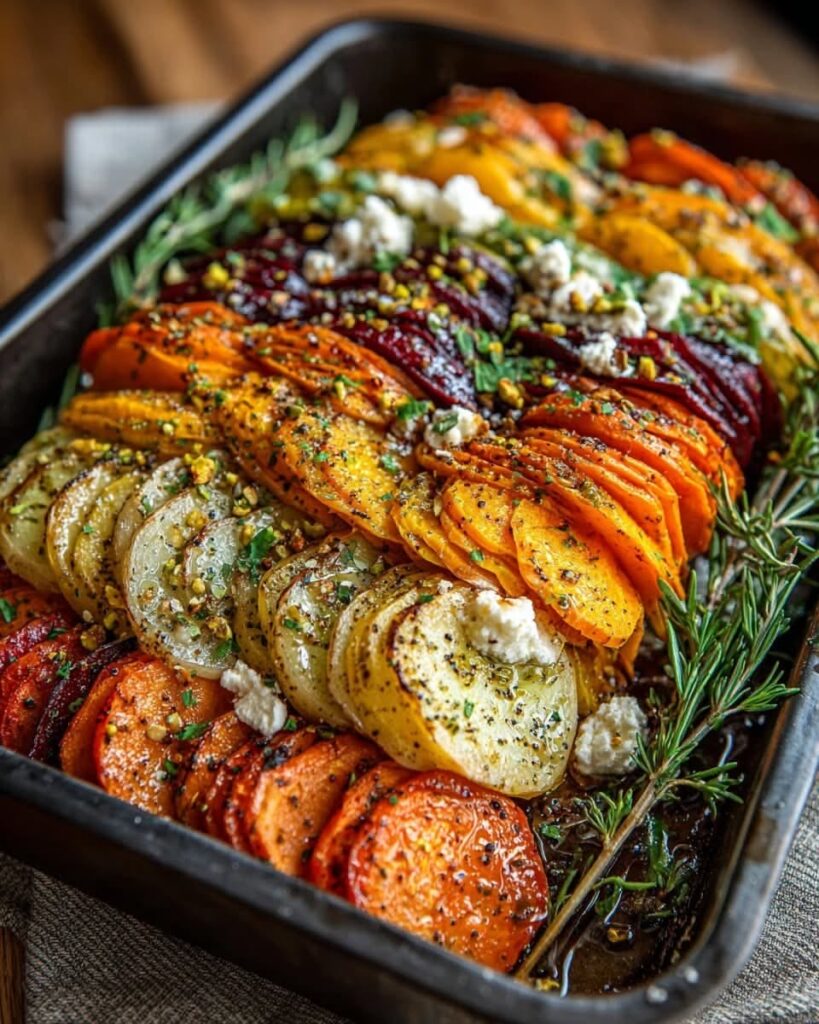 Roasted Root Vegetable Tian with Feta and Pistachios
