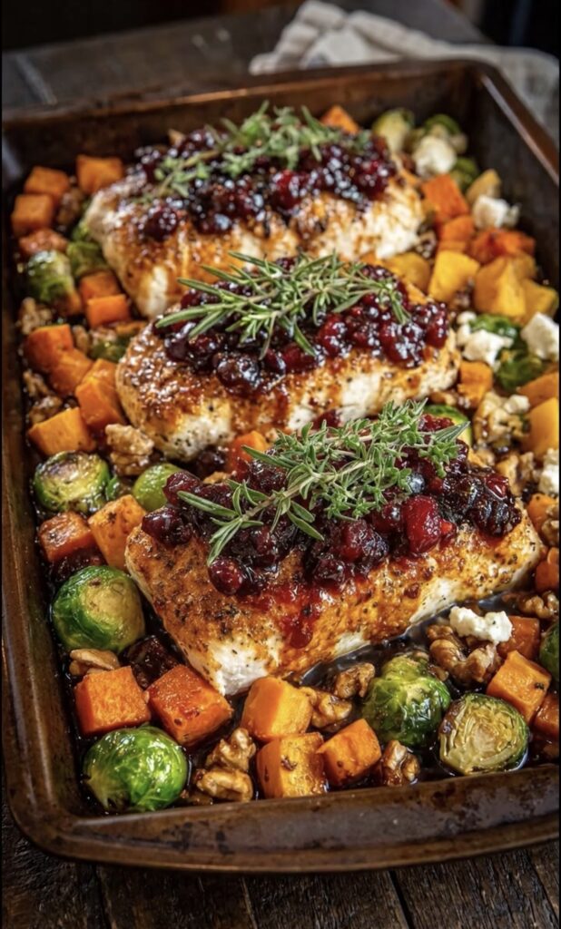 Cranberry Glazed Baked Fish with Roasted Squash and Brussels Sprouts