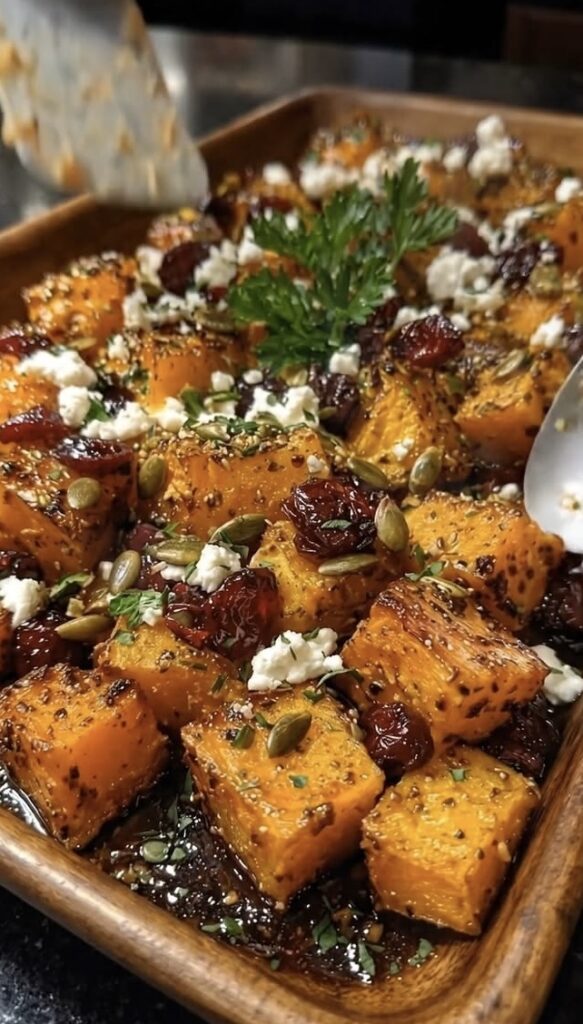 Honey Roasted Butternut Squash with Cranberries, Feta & Pumpkin Seeds